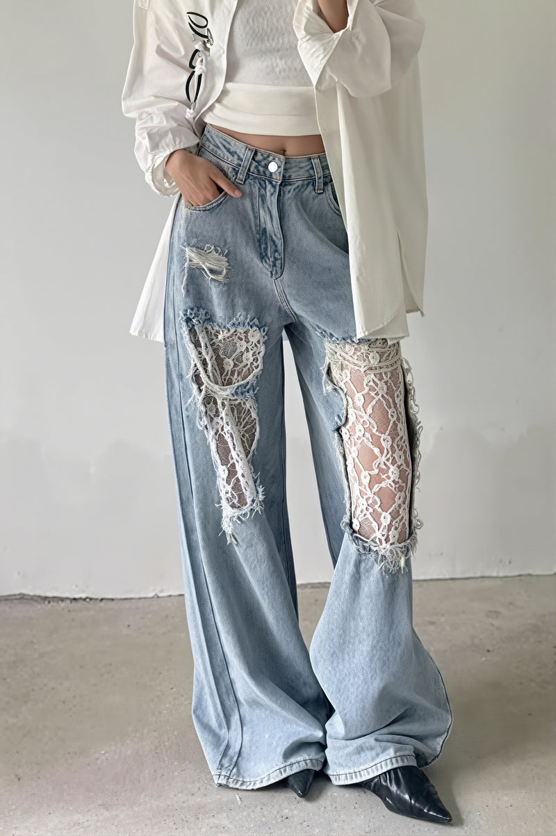 Lace Patchwork Wide Leg Jeans