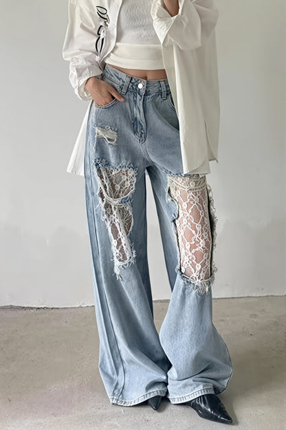 Lace Patchwork Wide Leg Jeans
