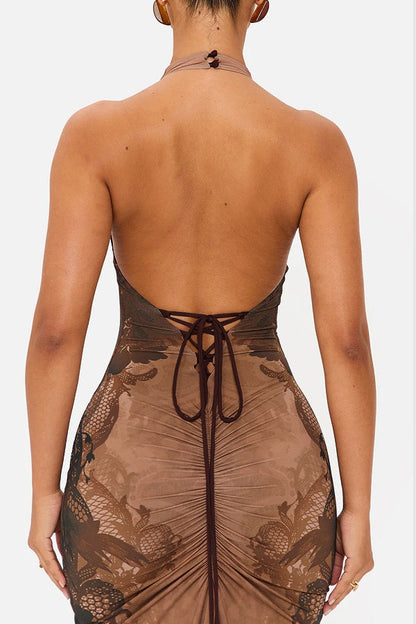 Lace Pattern Halter Backless Maxi Dress