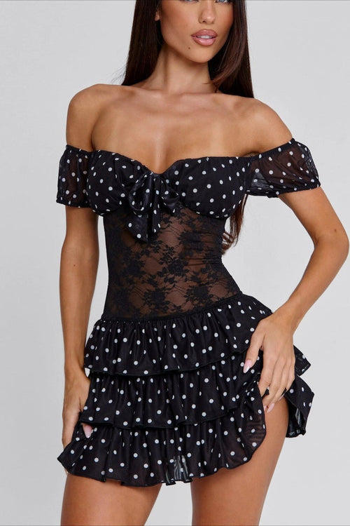 Lace Polka Dot Off Shoulder Mini Dress