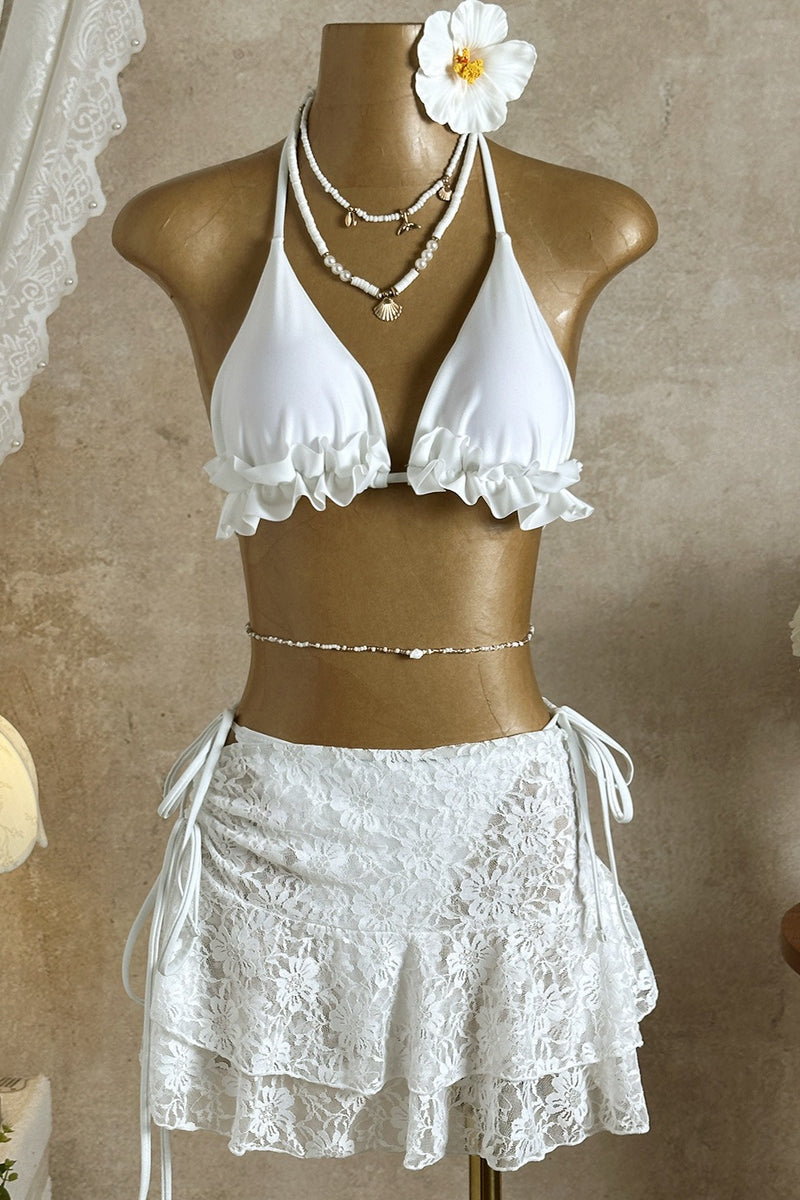 Lace Ruffle Bikini Three Piece Swim Set