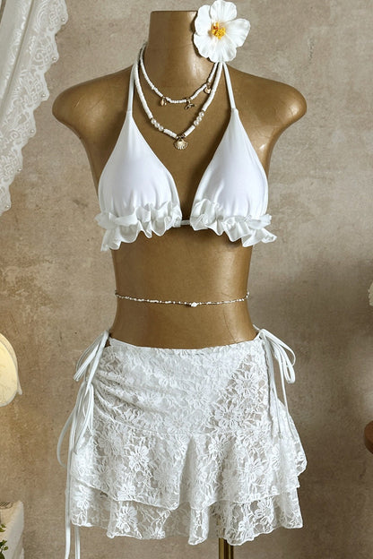 Lace Ruffle Bikini Three Piece Swim Set