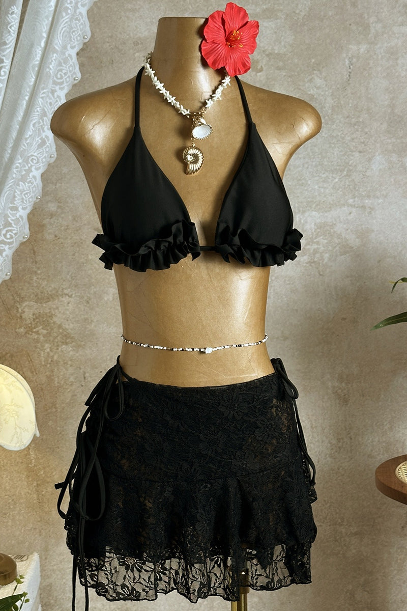 Lace Ruffle Bikini Three Piece Swim Set