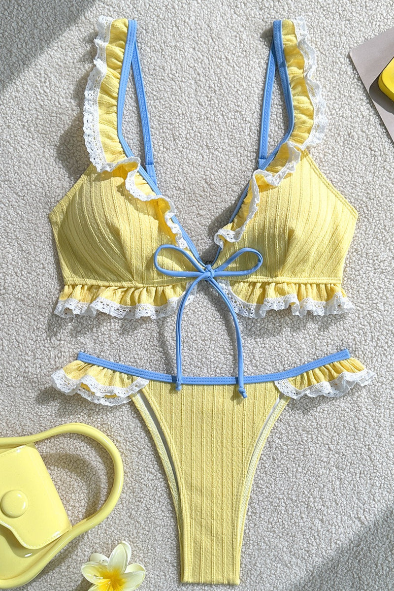 Lace Ruffle Solid String Bikini Set