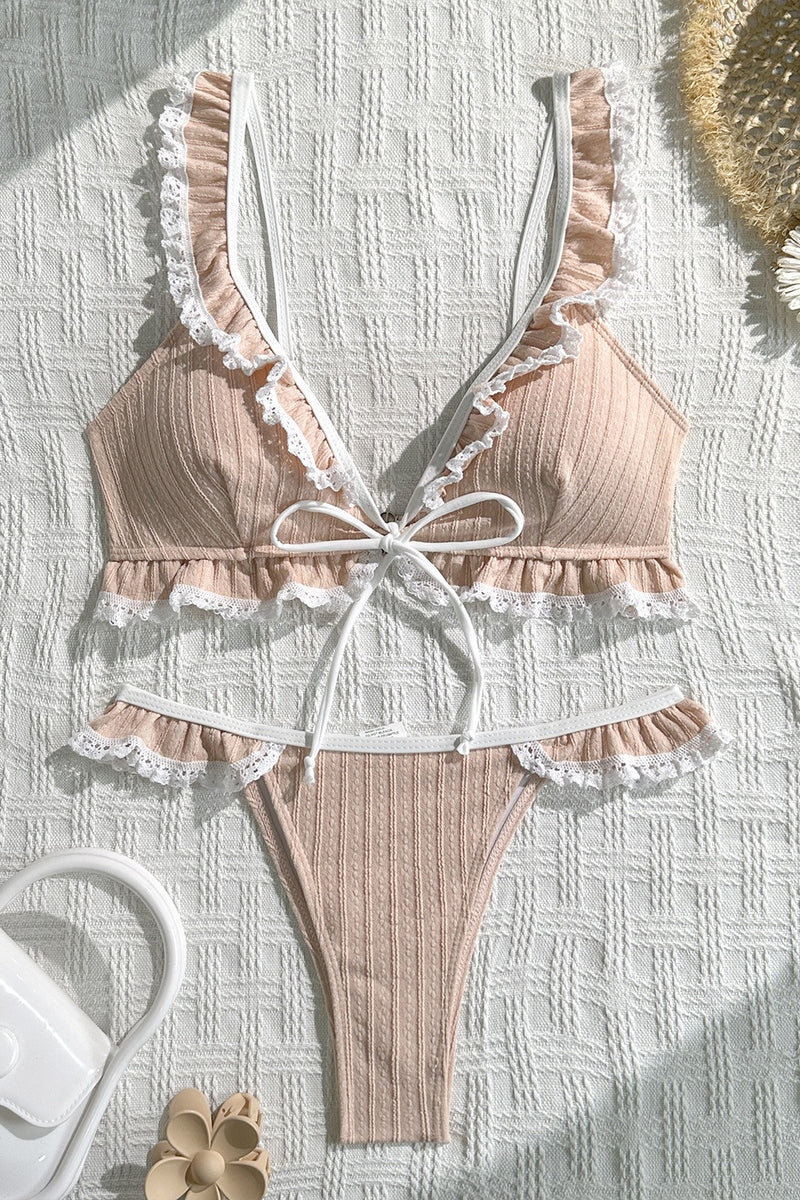 Lace Ruffle Solid String Bikini Set