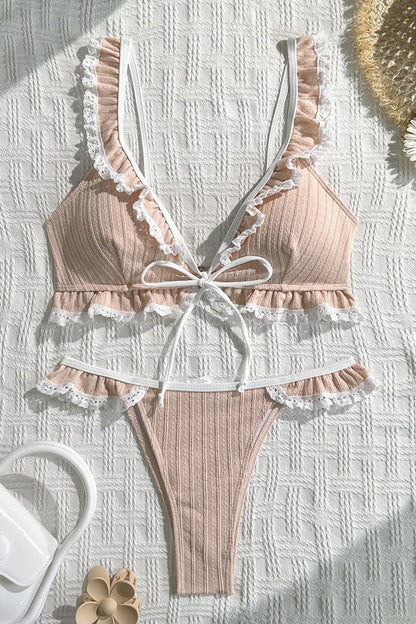 Lace Ruffle Solid String Bikini Set