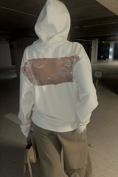Lace Sheer Cutout Patchwork Hoodie