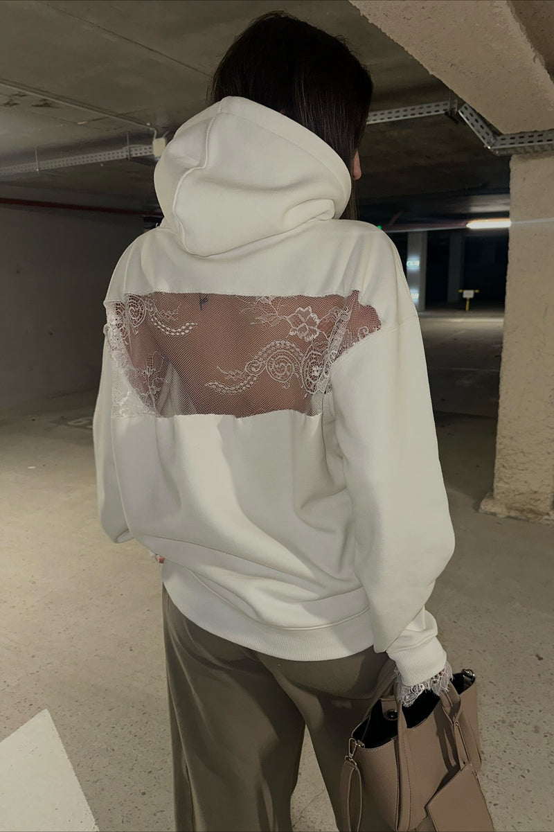 Lace Sheer Cutout Patchwork Hoodie