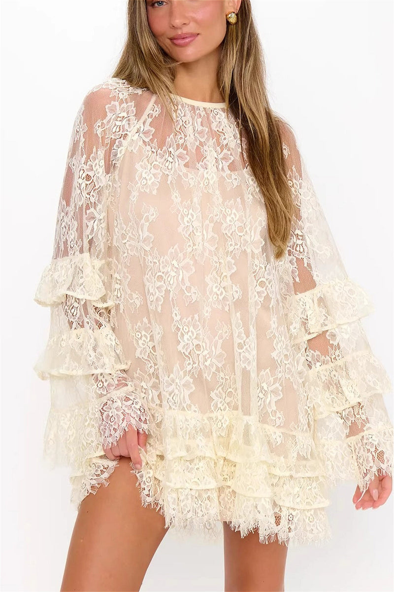 Lace Sheer Ruffle Cover Up Mini Dress