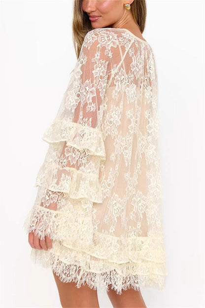 Lace Sheer Ruffle Cover Up Mini Dress