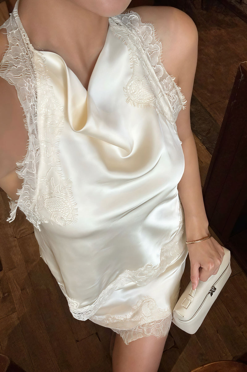 Lace Sleeveless Draped Collar Halter Mini Dress