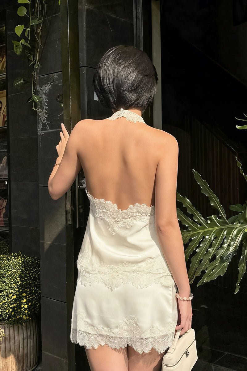 Lace Sleeveless Draped Collar Halter Mini Dress