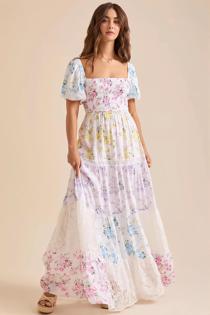 Lace Splice Floral Printed Boho Dress