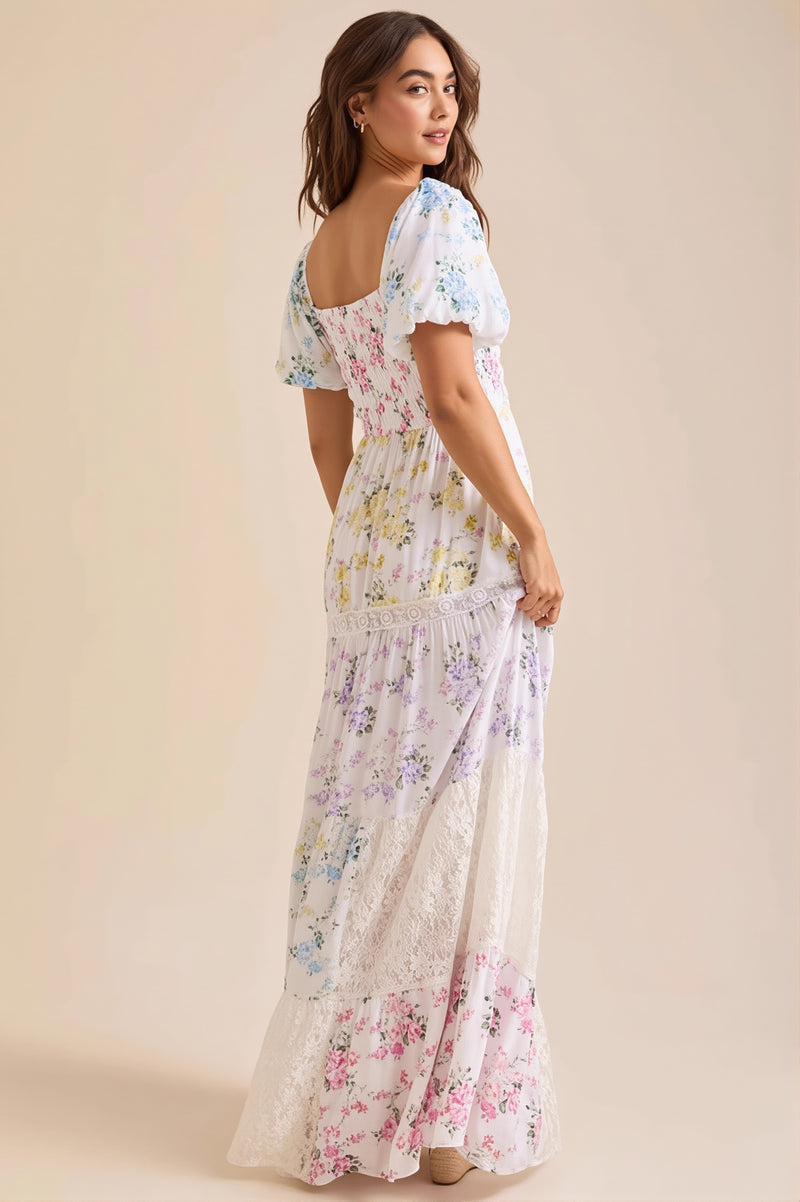Lace Splice Floral Printed Boho Dress