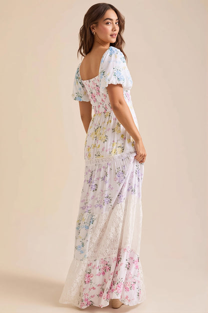 Lace Splice Floral Printed Boho Dress