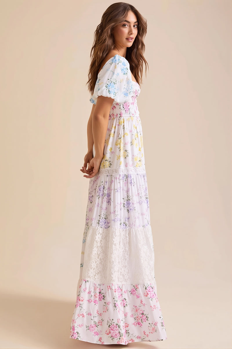 Lace Splice Floral Printed Boho Dress