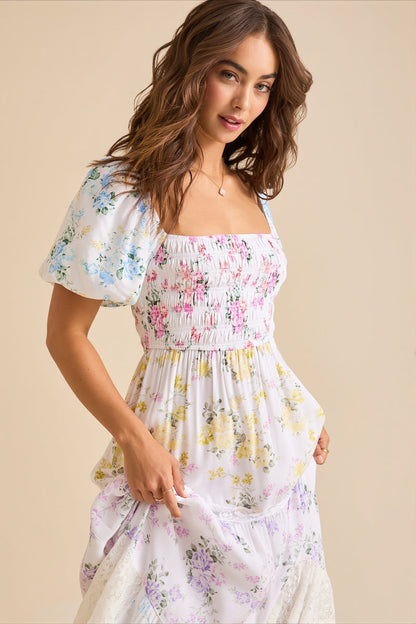 Lace Splice Floral Printed Boho Dress