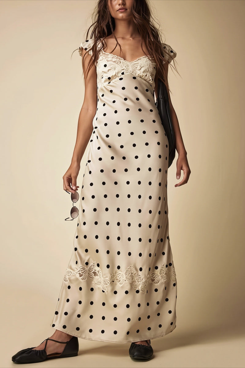 Lace Splice Satin Polka Dot Maxi Dress