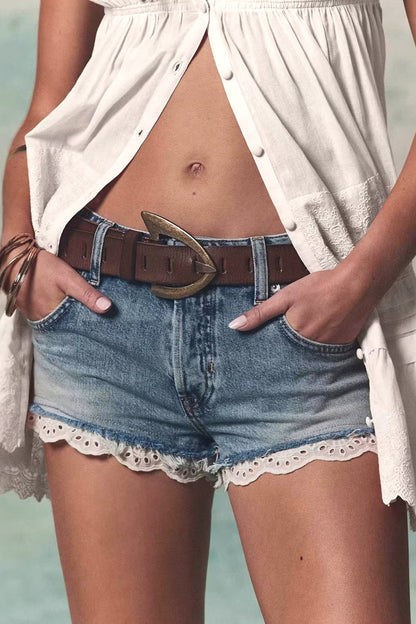 Lace Splice Straight Leg Denim Shorts