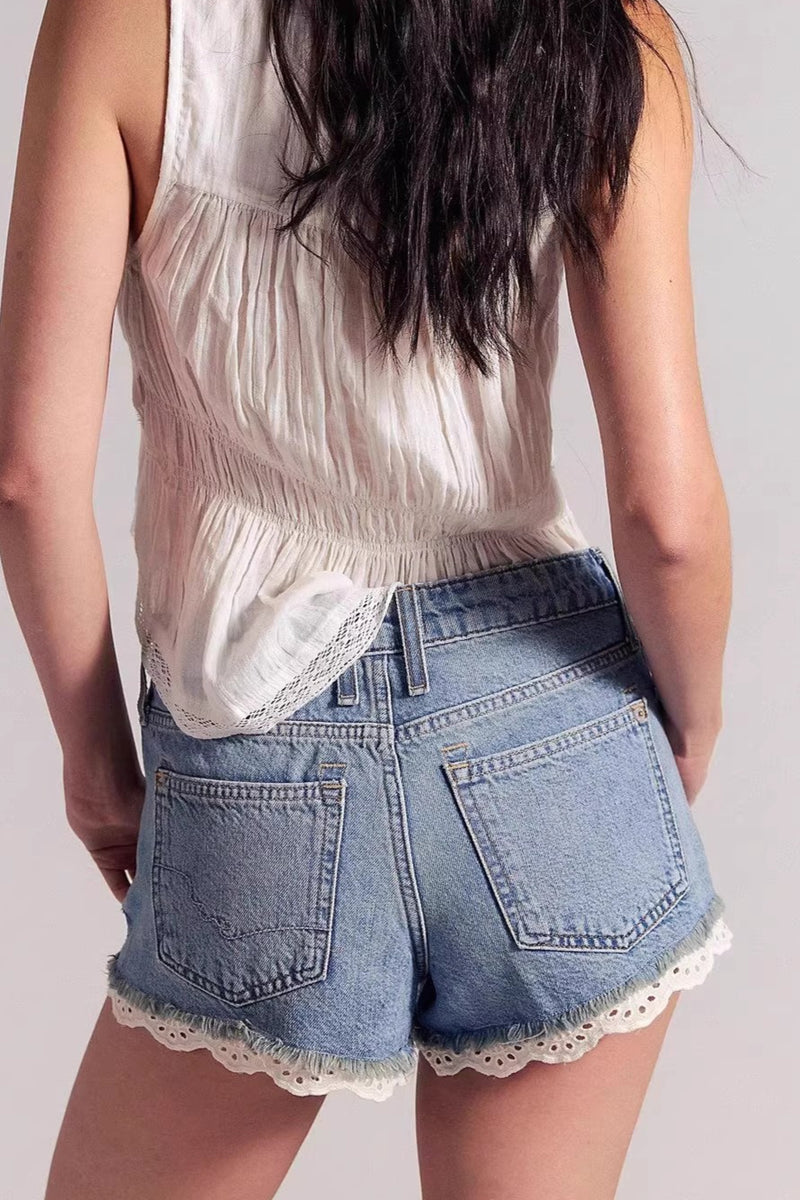 Lace Splice Straight Leg Denim Shorts