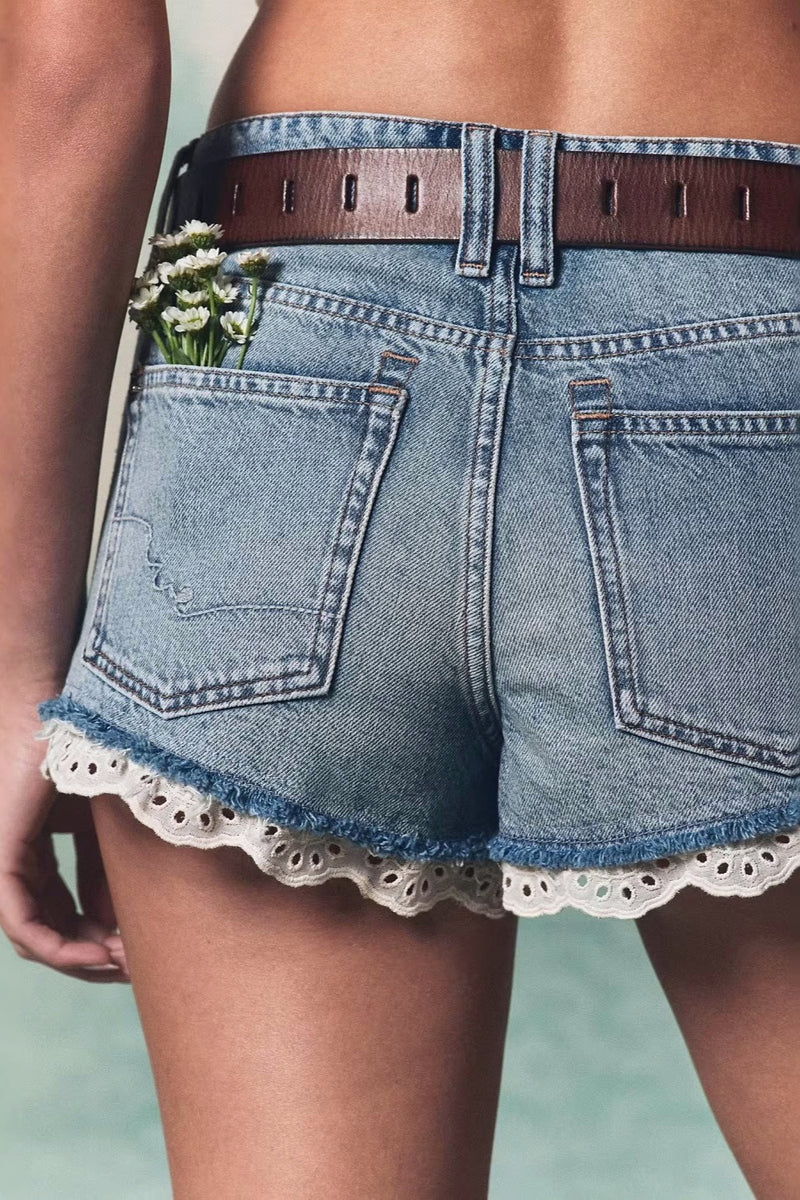 Lace Splice Straight Leg Denim Shorts