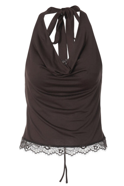 Lace Spliced Cowl Neck Tie Halter Top