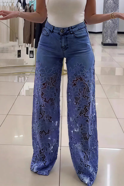 Lace Spliced Hollow Straight Jeans