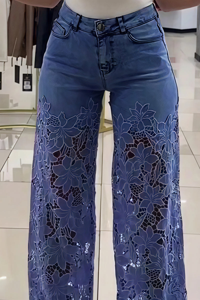 Lace Spliced Hollow Straight Jeans