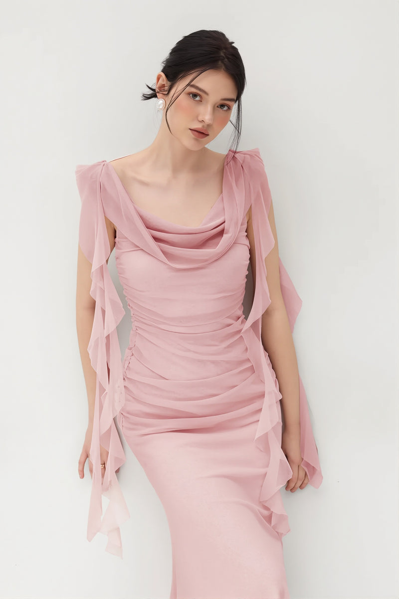 Lace Strap Backless Ruffle Maxi Dress