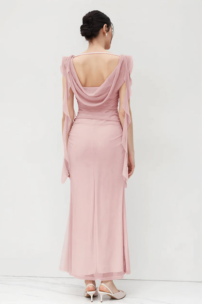 Lace Strap Backless Ruffle Maxi Dress