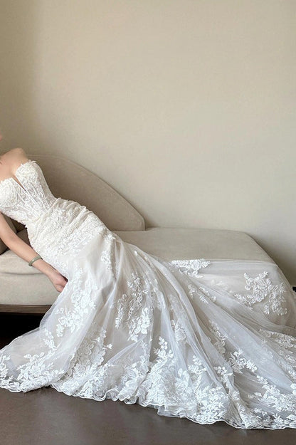 Lace Strapless Mermaid Train Wedding Dress