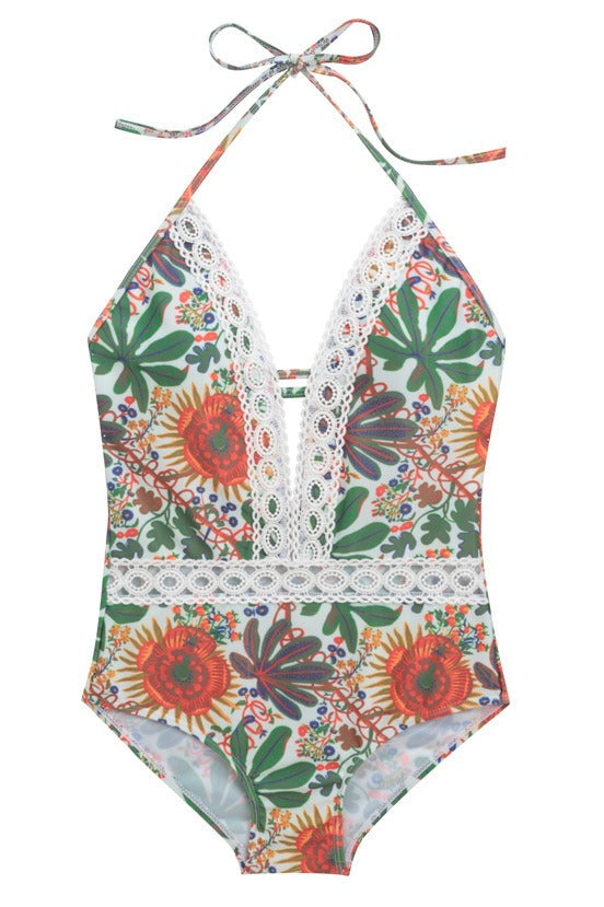 Lace Tie Floral Print One Piece Swimwear