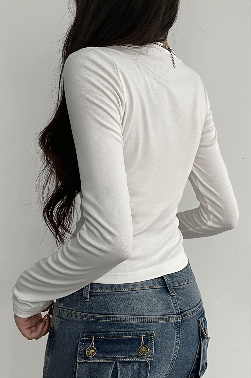 Lace Tie Ruched Bust Long Sleeve T-shirt