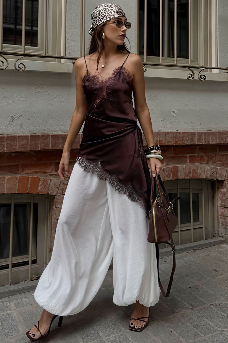 Lace Trim Patchwork Low Cut Asymmetrical Slit Cami Top