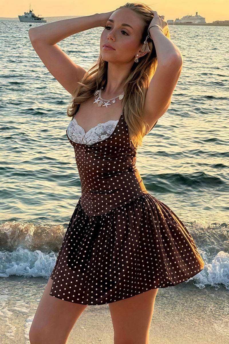 Lace Trim Patchwork Polka Dot Cami Mini Dress