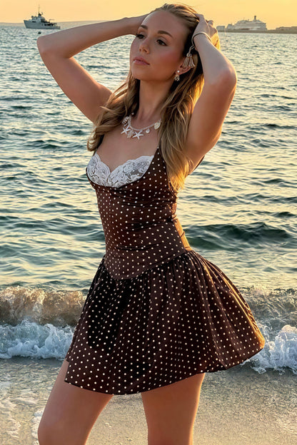 Lace Trim Patchwork Polka Dot Cami Mini Dress