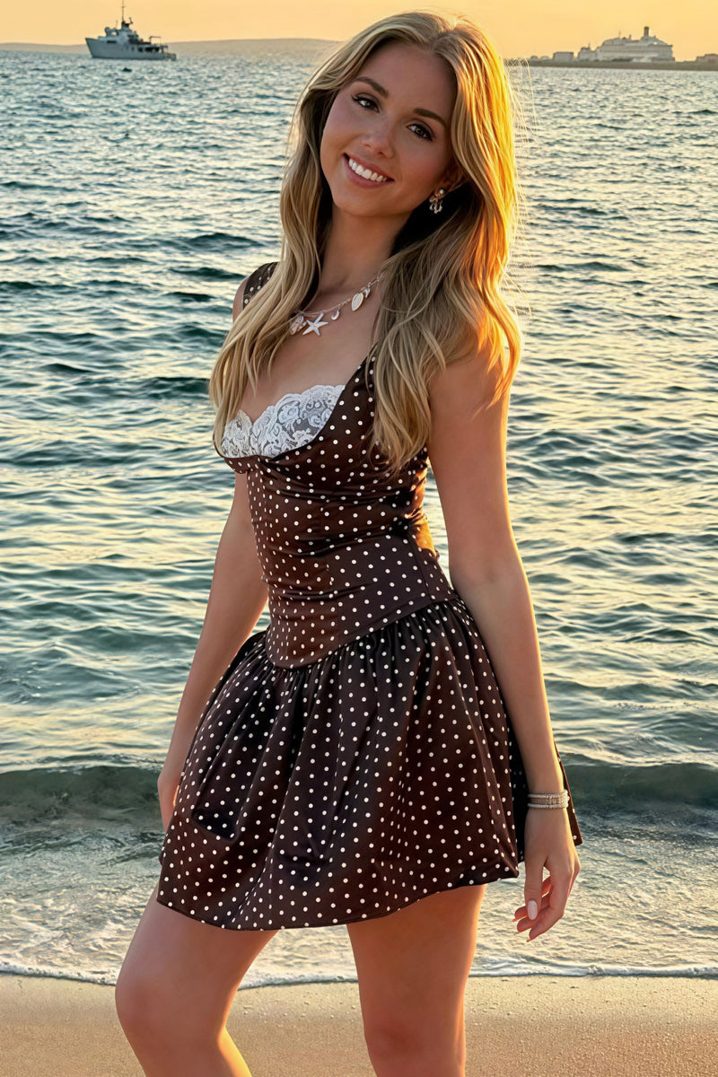 Lace Trim Patchwork Polka Dot Cami Mini Dress