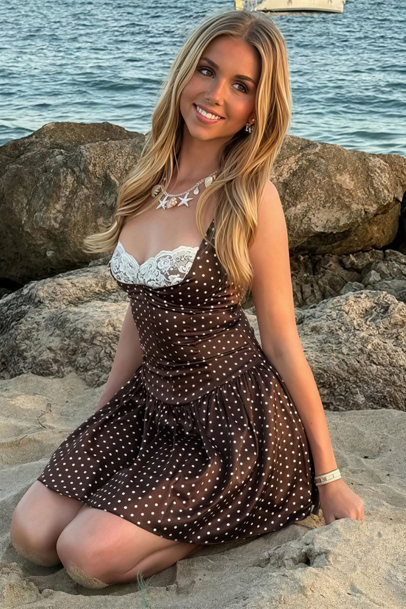 Lace Trim Patchwork Polka Dot Cami Mini Dress