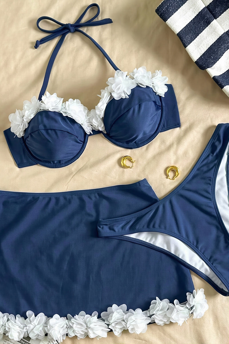 Lace Trim Strapless Bikini With Mini Skirt Three Piece Swim Sets