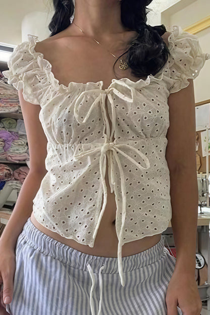 Lace Trim Tie Ruffle Tank Top