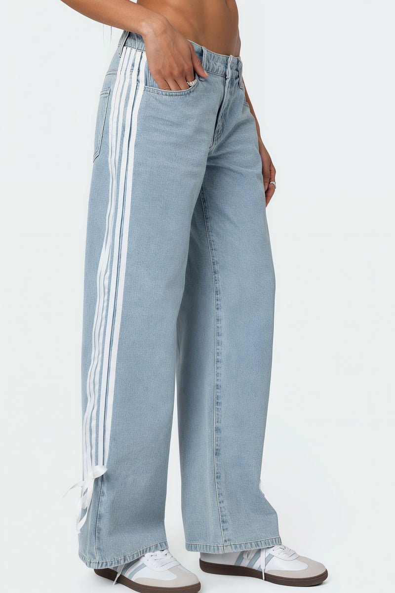 Lace Up Side Stripe Wide Leg Jeans