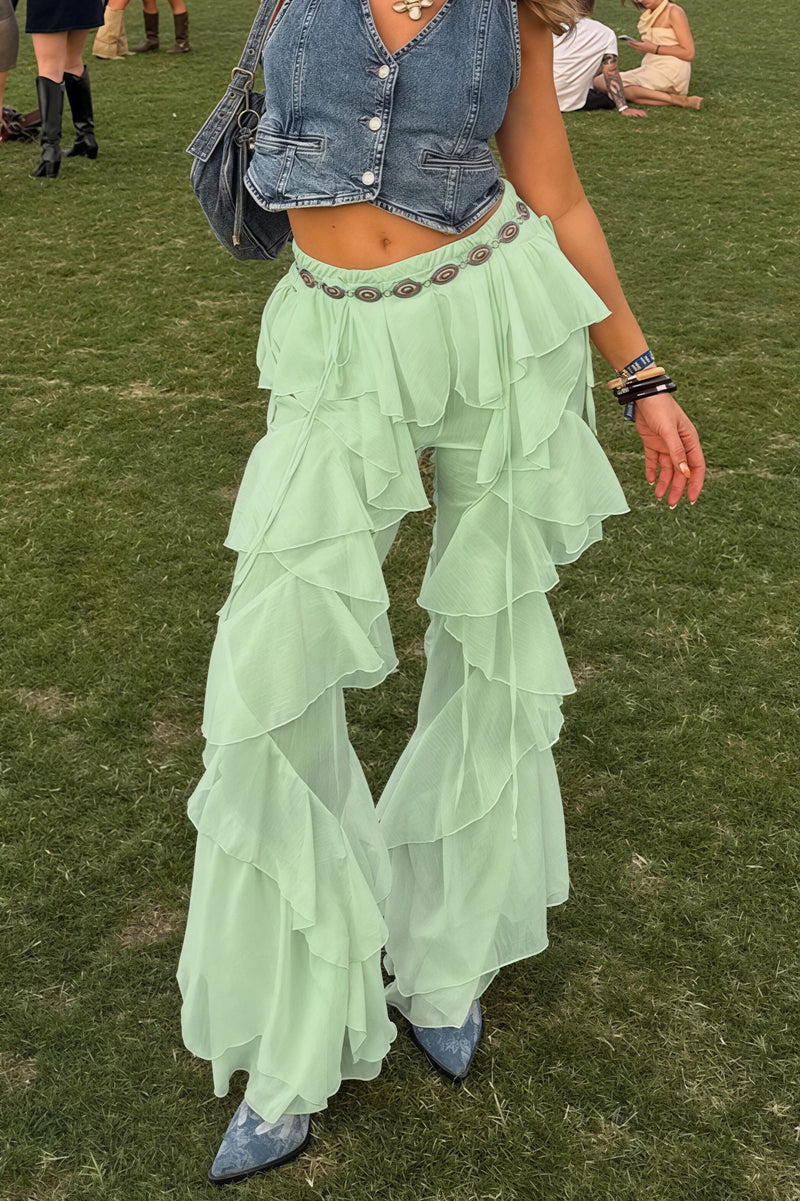Lace Up Spliced Ruffle Flare Pants