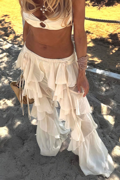 Lace Up Spliced Ruffle Flare Pants