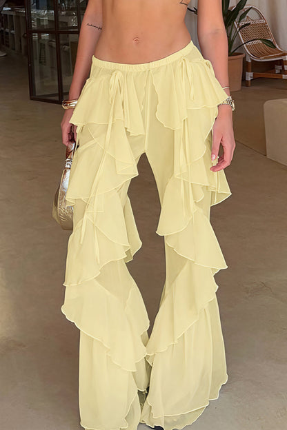 Lace Up Spliced Ruffle Flare Pants