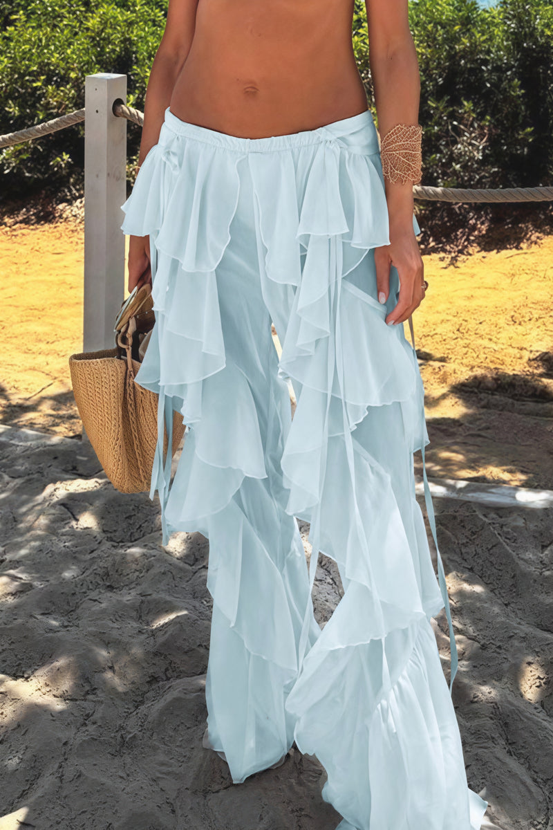 Lace Up Spliced Ruffle Flare Pants