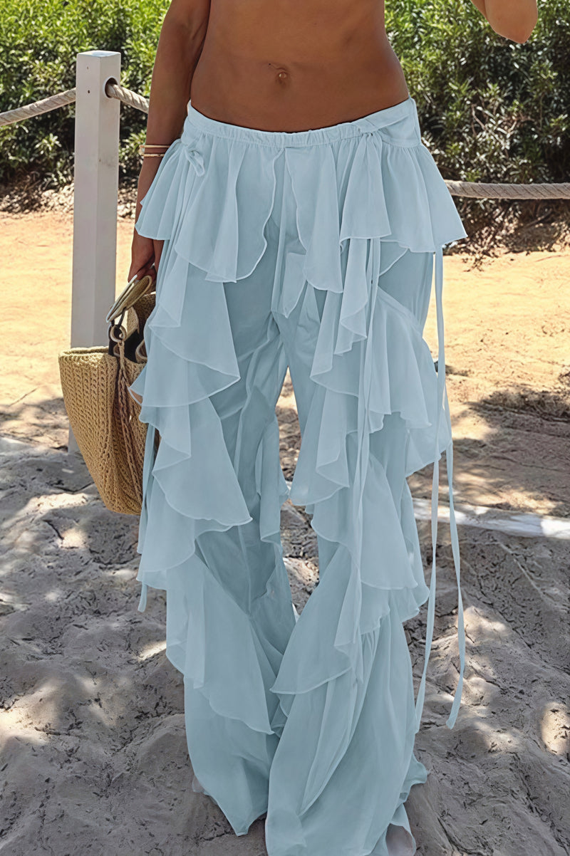 Lace Up Spliced Ruffle Flare Pants