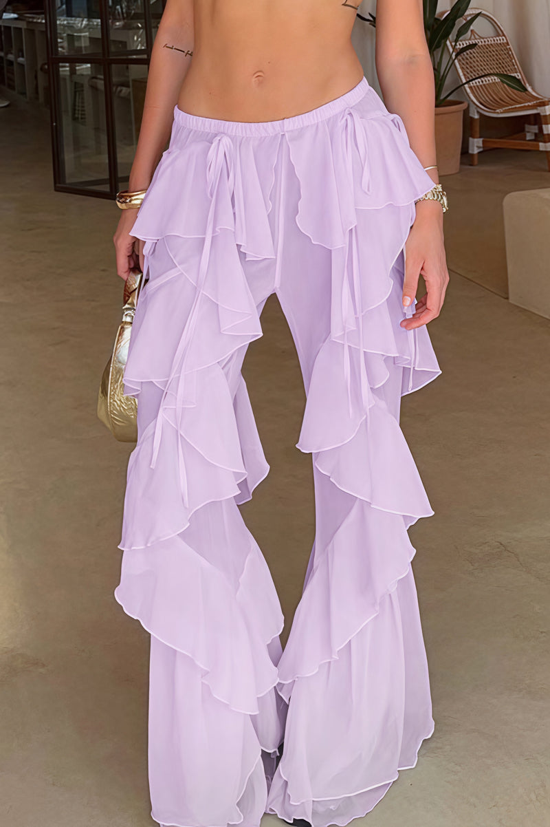 Lace Up Spliced Ruffle Flare Pants