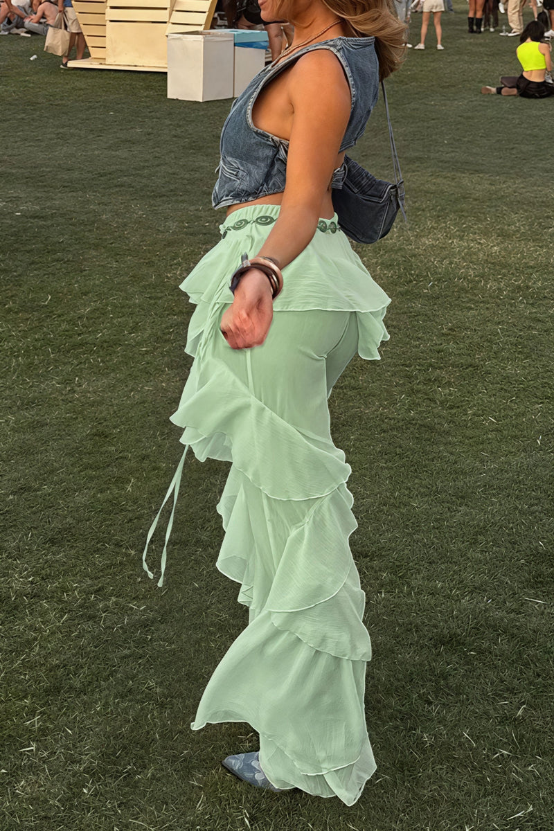 Lace Up Spliced Ruffle Flare Pants
