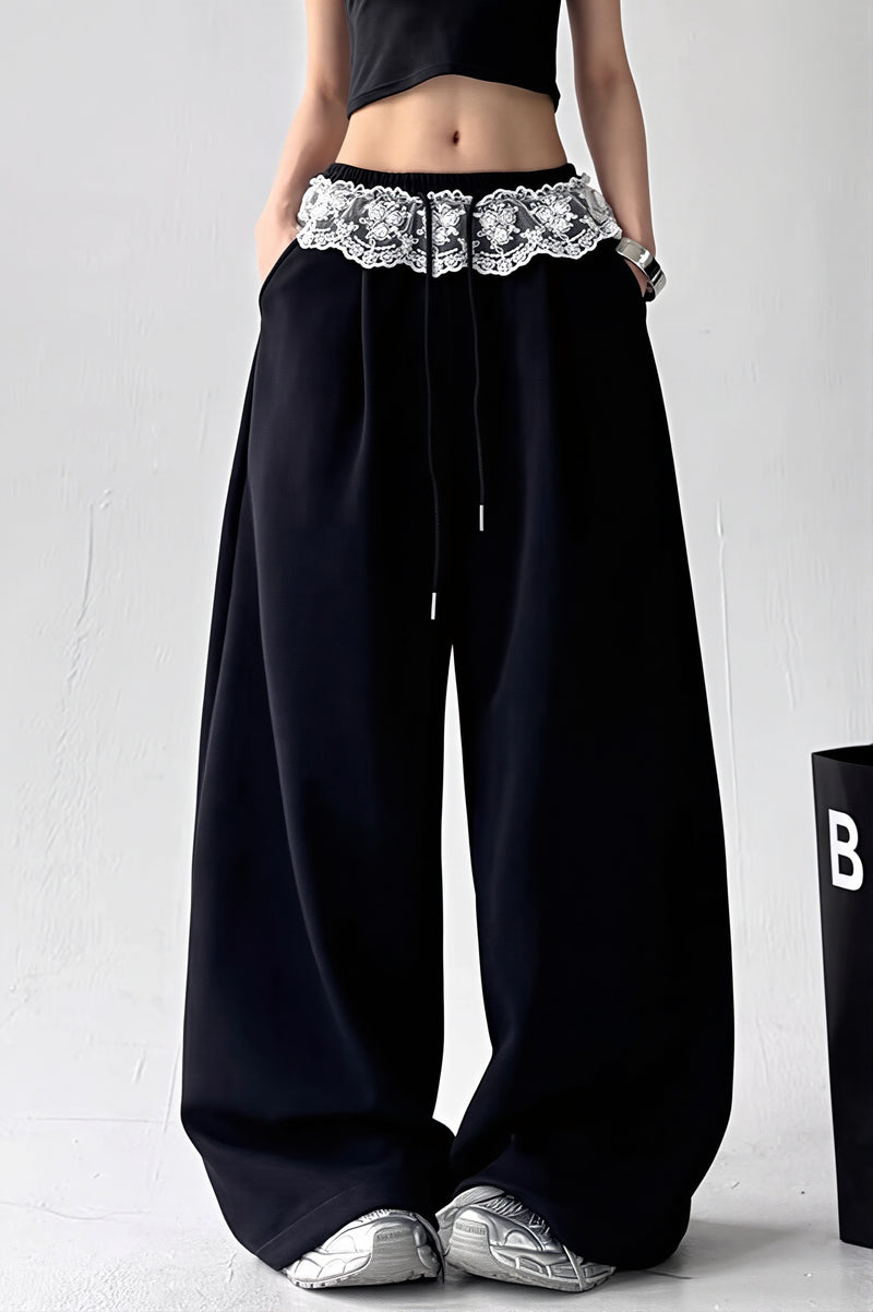 Lace Waist Wide Leg Sweat Pants