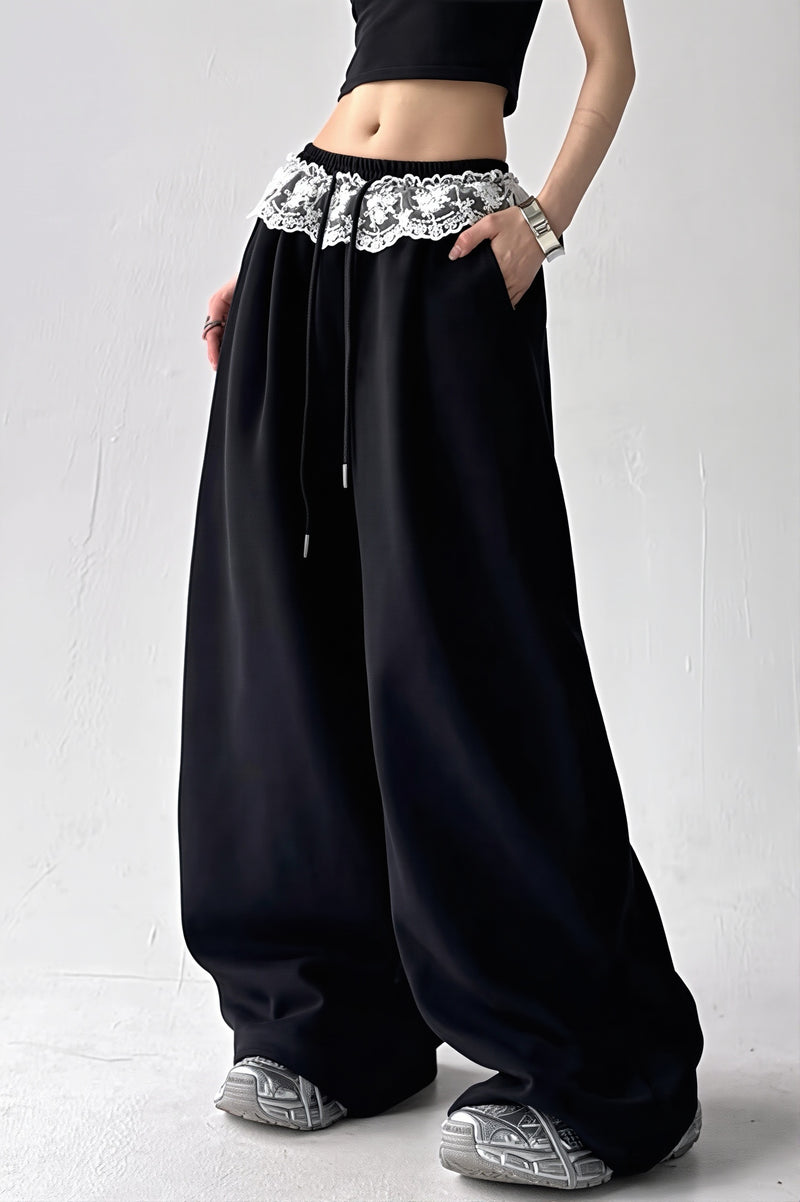 Lace Waist Wide Leg Sweat Pants